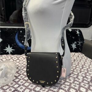 Victoria's Secret Black Crossbody Saddle Bag with Gold Studs